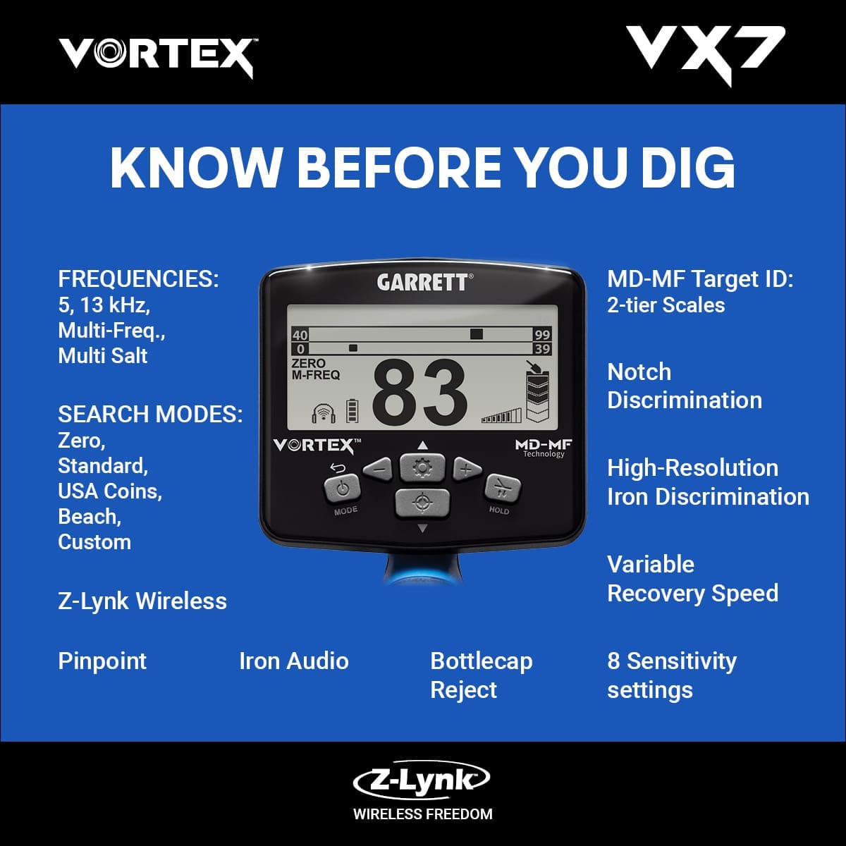 Yalova Garrett Vortex VX7 Dedektör - VX7 hedef ID ekranı, iki katmanlı MD-MF okuma ile demir ve iletken hedefleri ayırmaya yardım eder.